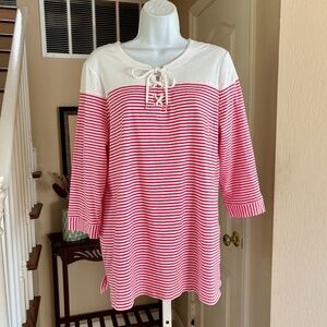 NWT Cute Chicos Lace Up Tunic Top 3/4 Length Sleeve Pink White Stripe L 2